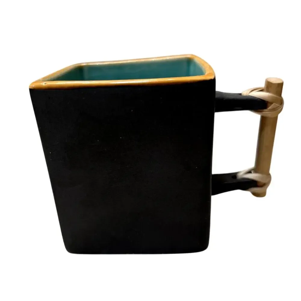Japanese Tea Pot Ceramic Square Shape and 6 Cups Black Teal Modern